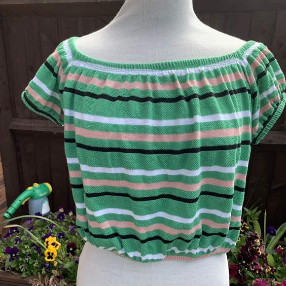 New Look Tops - New Look Crop Top Off The Shoulder Bardot Green Short Sleeve Stripe Large UK 14